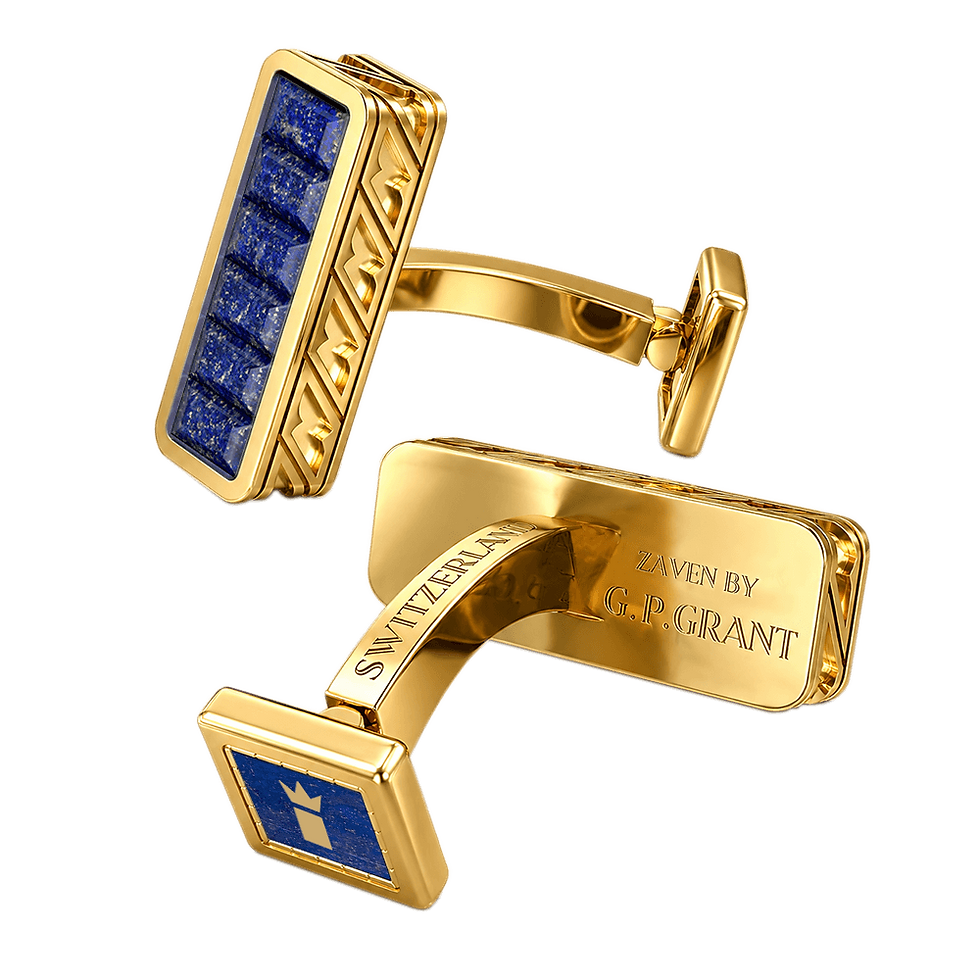 Eduard Strata cufflinks in Sterling Silver and Yellow Gold with natural Blue Lapis Lazuli, tiered luxury design.