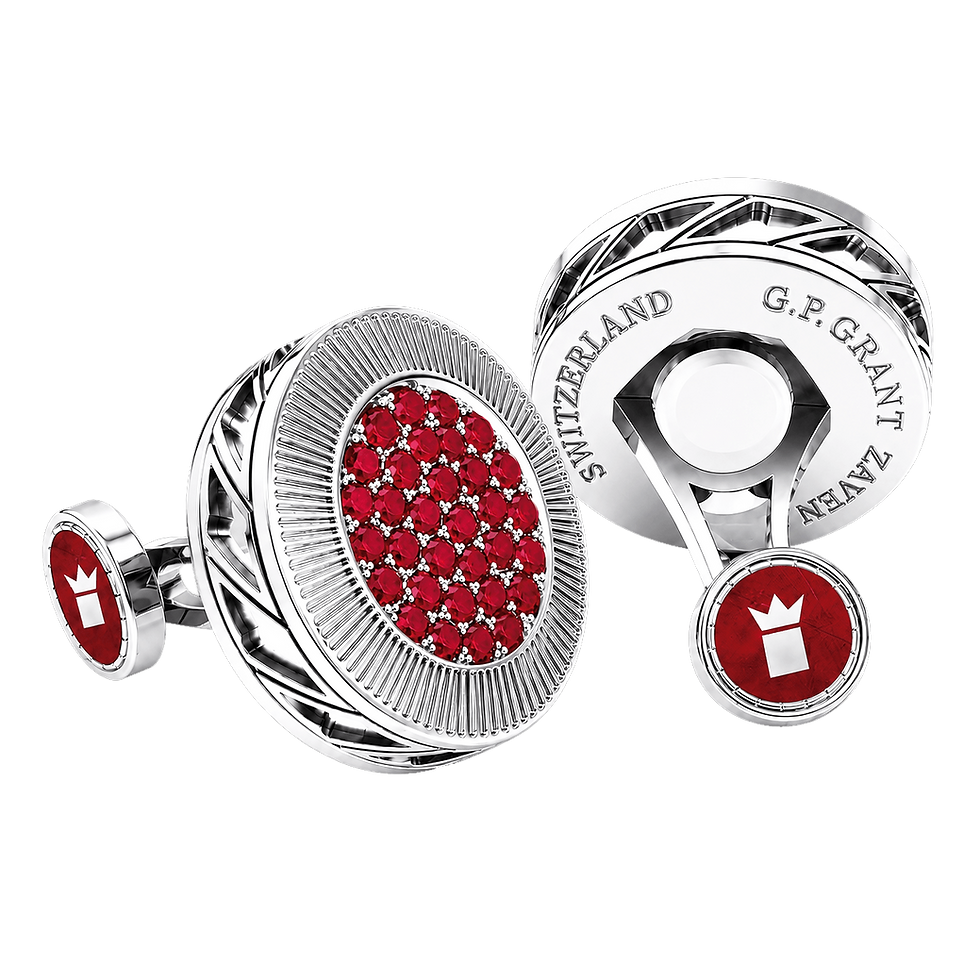 Regal cufflinks in 18K White Gold, featuring high-contrast Red Jasper and brilliant-cut ruby stones. Gemelli