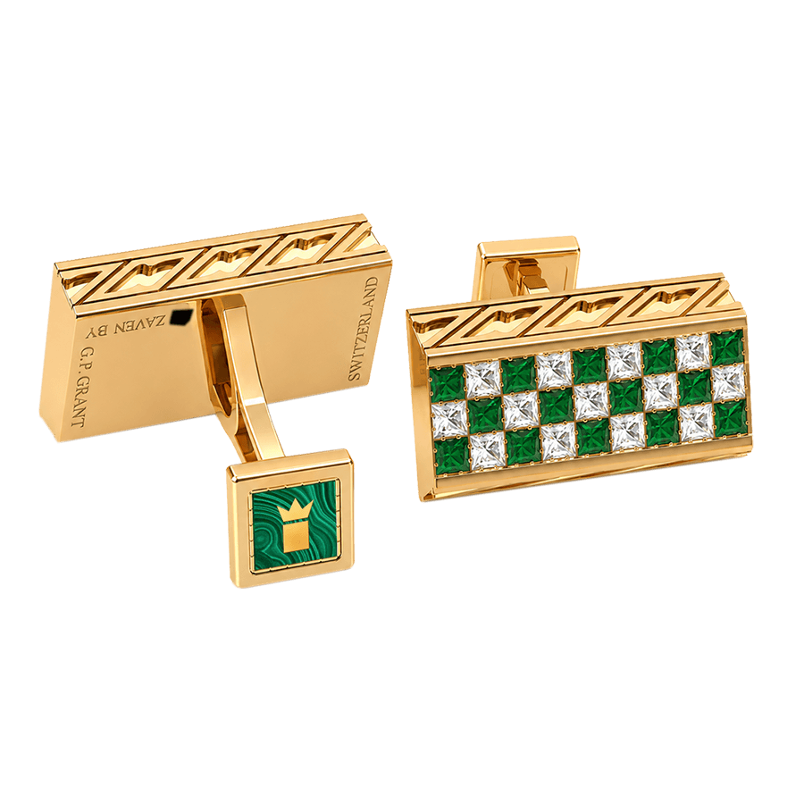 Lafette cufflinks in 18k Yellow Gold featuring organic Malachite, precious Emeralds, and brilliant Diamonds, luxury jewelry