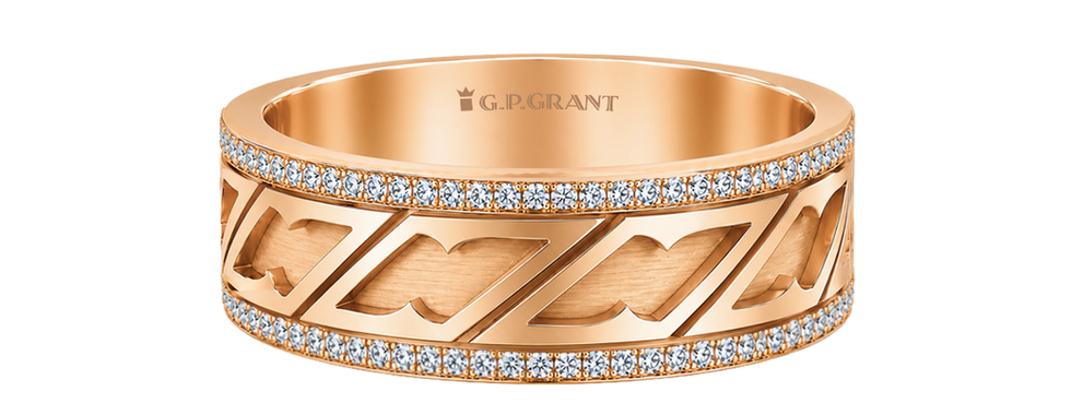 ose gold wedding bands with architectural pattern, unique wedding rings design