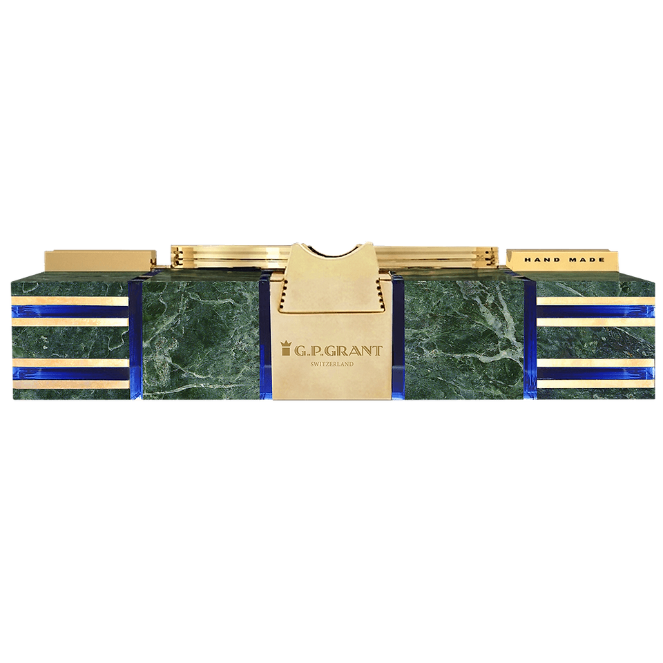     Deluxe cigar ashtray handmade from natural stone, crystal and polished brass elements.