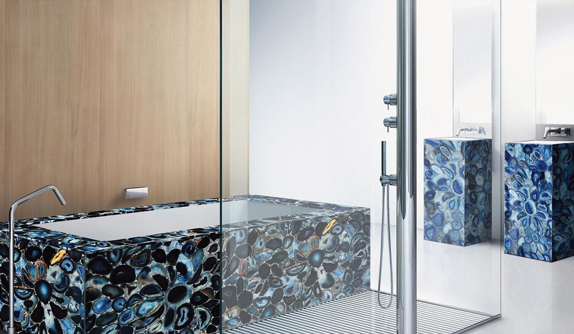 Versatilità dei Pannelli in Agata Blu - Esplora le molteplici applicazioni dei pannelli in agata blu Duramica GemStone e GlassOnyx per elevare il design degli interni.