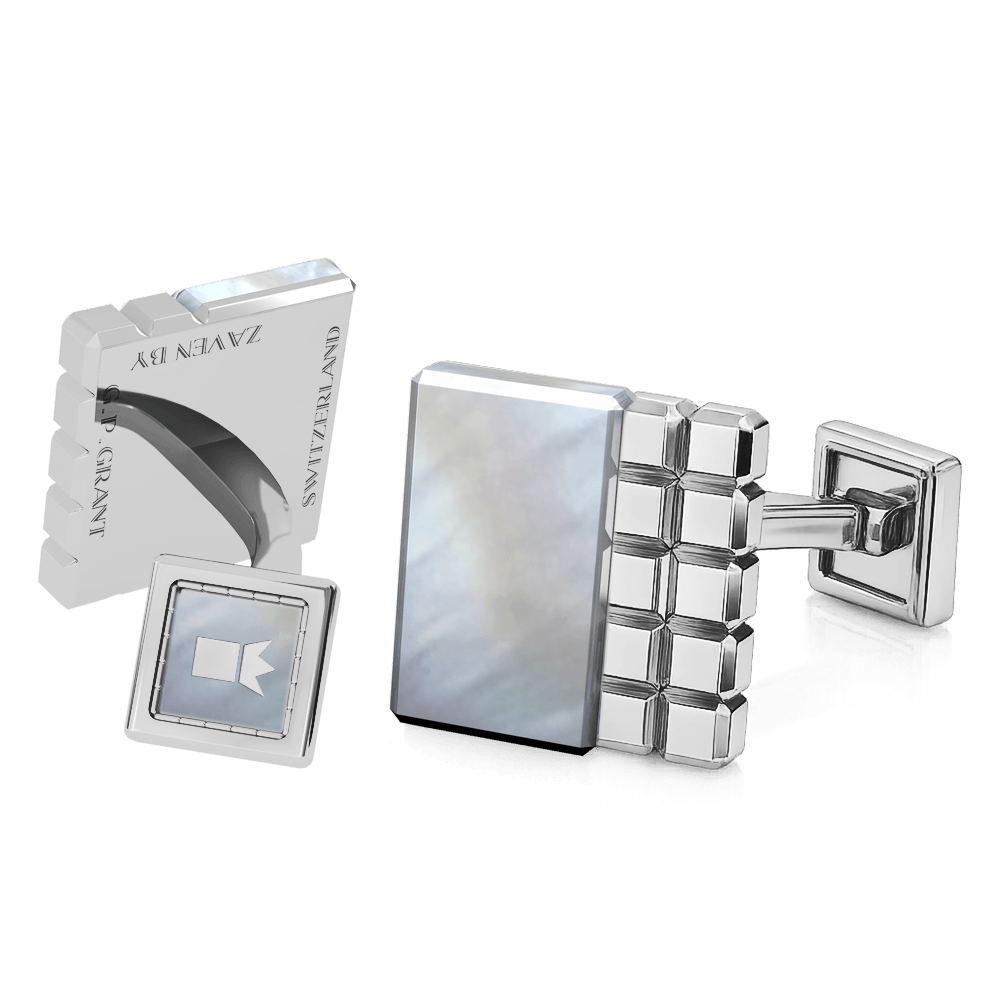 Eduard Open Cufflinks with White Mother of Pearl in Sterling Silver and White Gold, luxury wedding jewelry. Manschettenknöpfe
