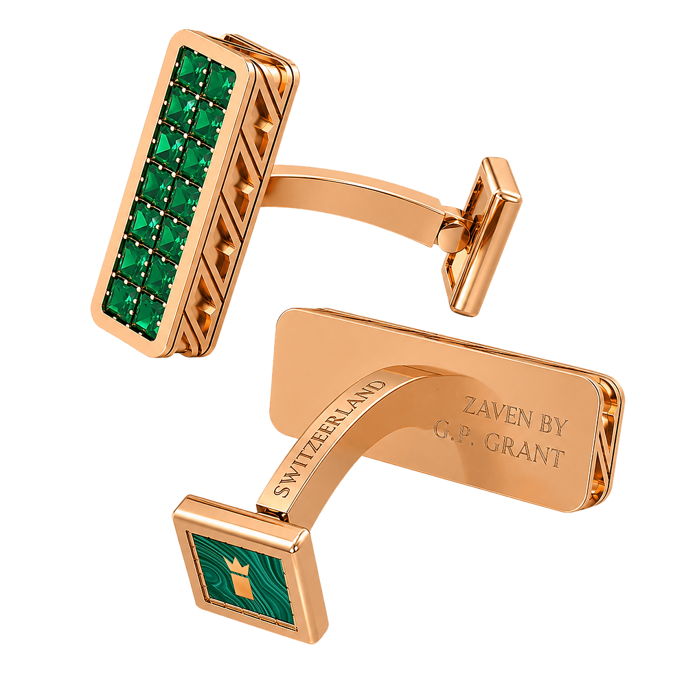 Миниатюра: Strata cufflinks in Rose Gold set with natural Malachite layers and vibrant Emeralds, sophisticated jewelry أزرار أكمام