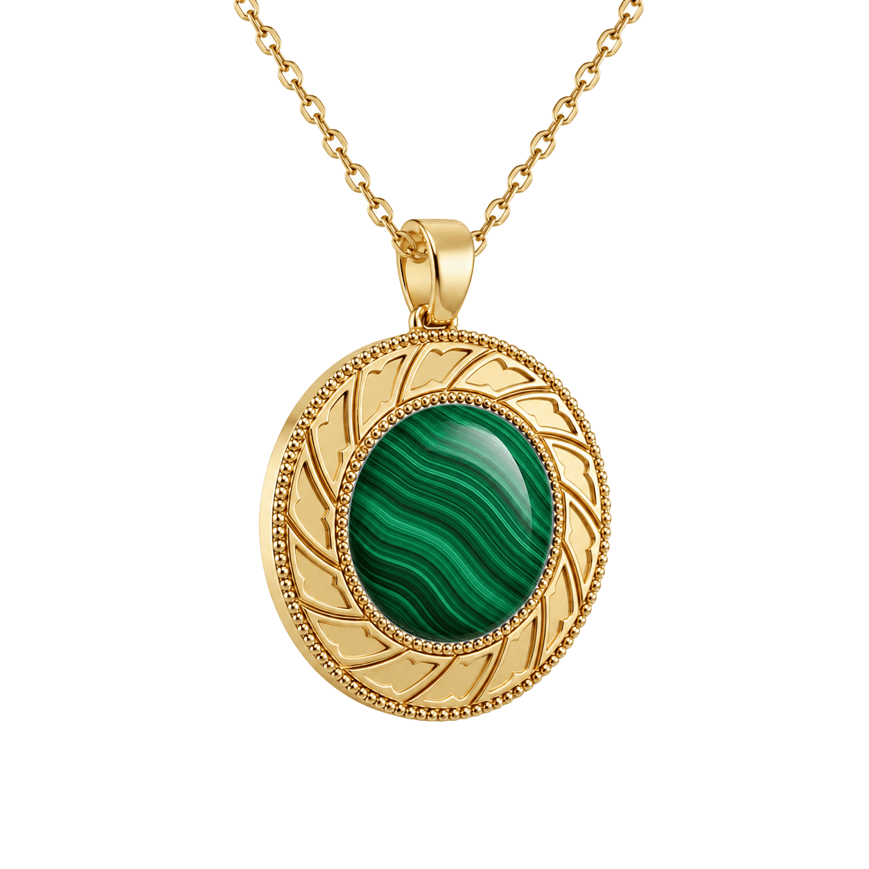 Zaven Malachite pendant in yellow gold featuring a banded green mineral sphere. تعليقة ذهب. Pendentif en or. Ciondolo d'oro