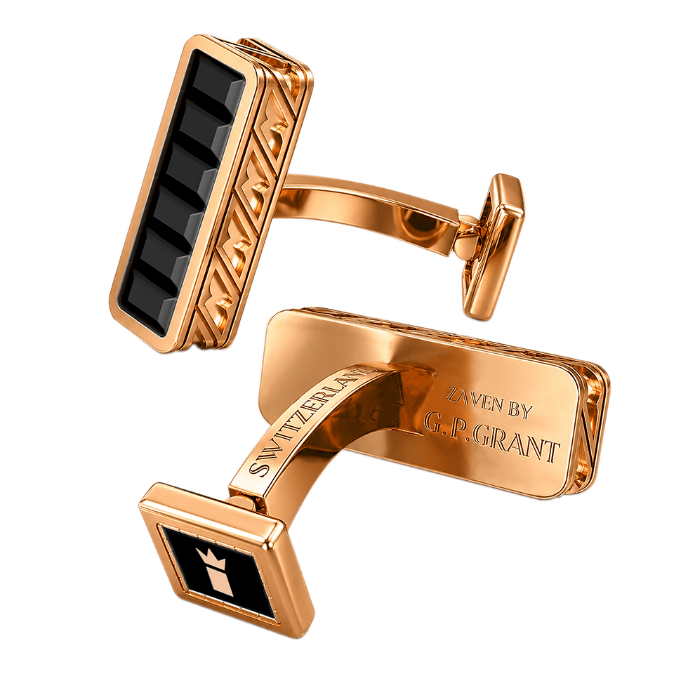 Miniaturbild: Eduard Strata cufflinks in Sterling Silver and Rose Gold with Black Onyx, handcrafted designer jewelry. Boutons de manchette