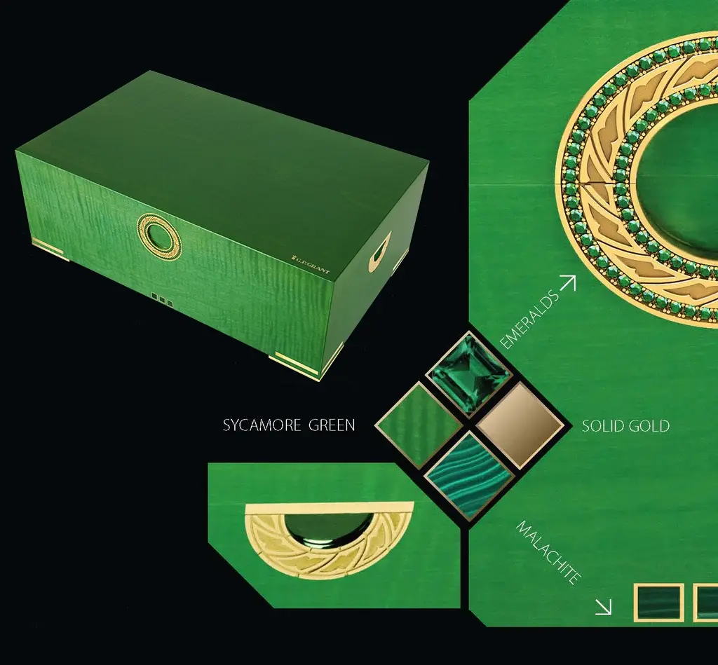 The World’s Most Expensive Humidors: Solid gold with 108 emeralds, featuring green malachite accents. A true masterpiece