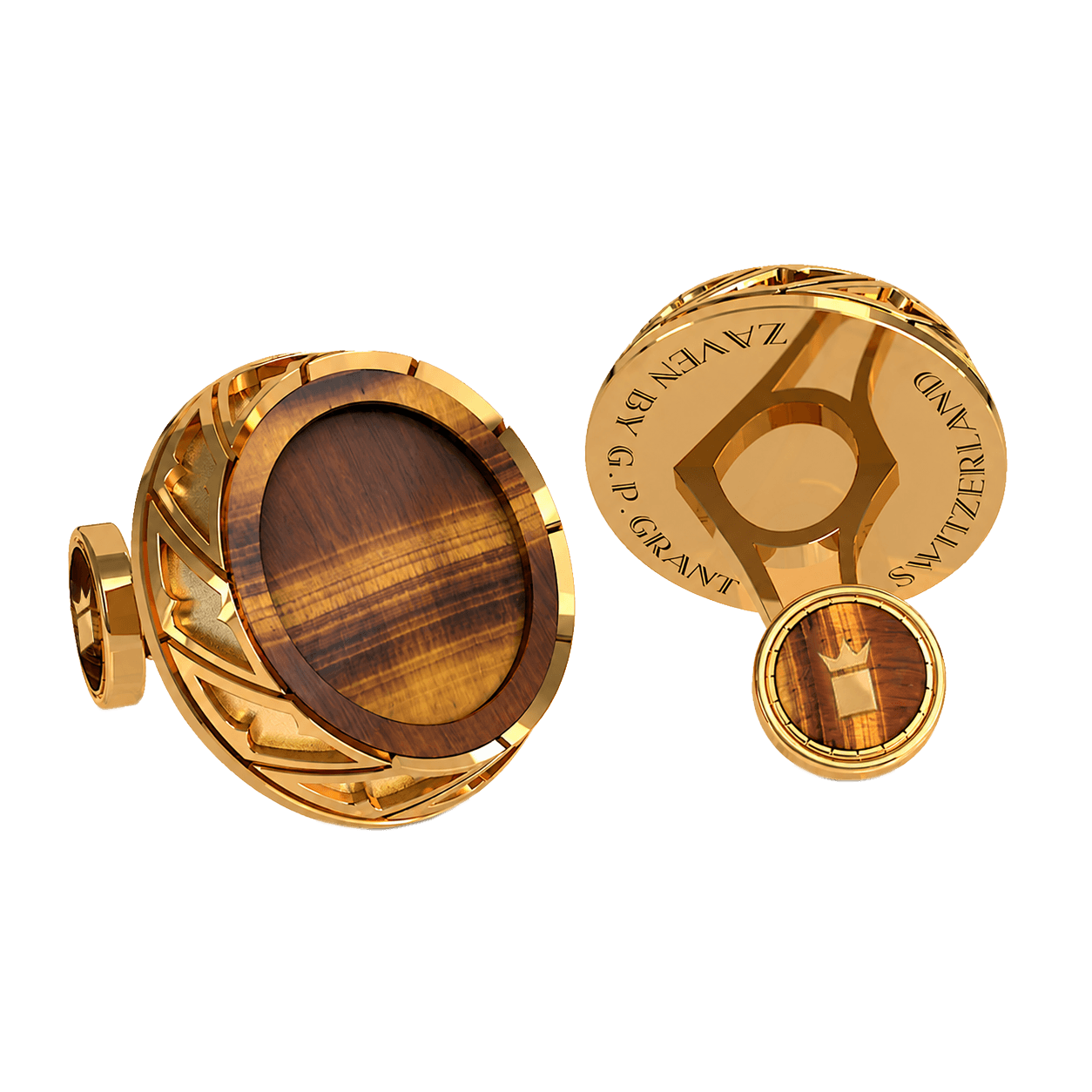 Vulcano cufflinks in Sterling Silver and Rose Gold featuring vibrant, chatoyant Tiger Eye, sophisticated texture-focused jewe