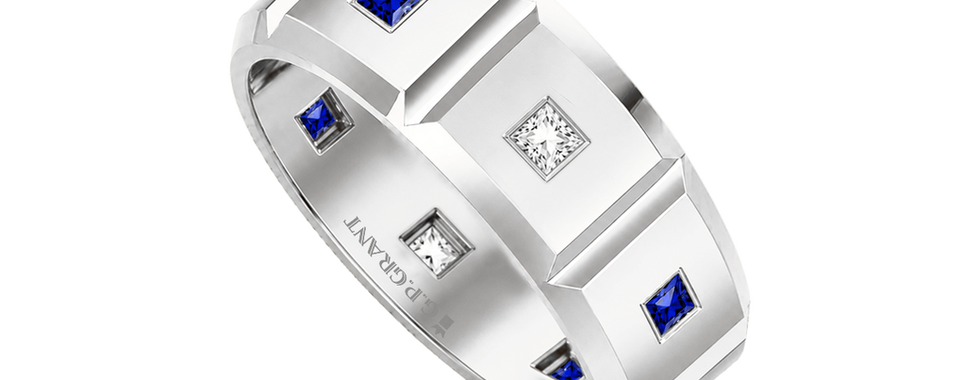White gold wedding ring with sapphires and diamonds, luxury wedding bands with blue gemstones