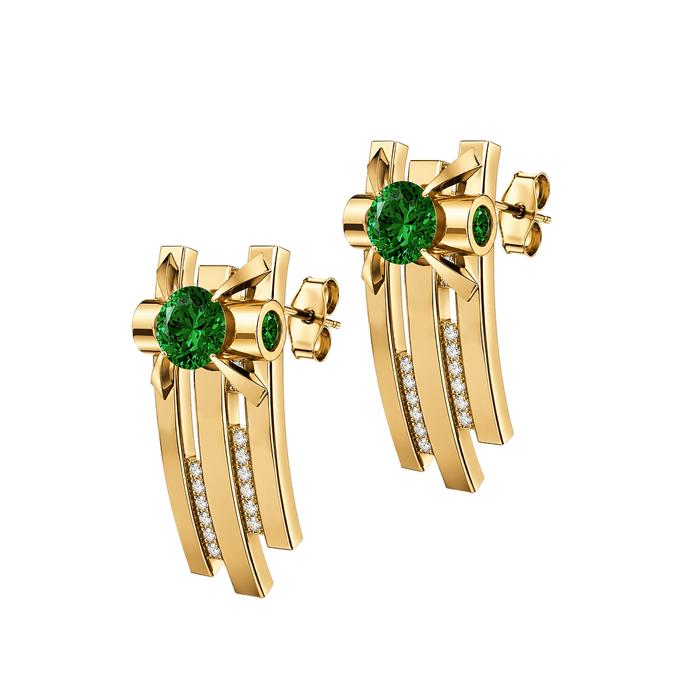earrings for women. yellow gold Erika emerald studs with triple vertical bands. Boucles d'Oreilles Émeraude. أقراط زمرد