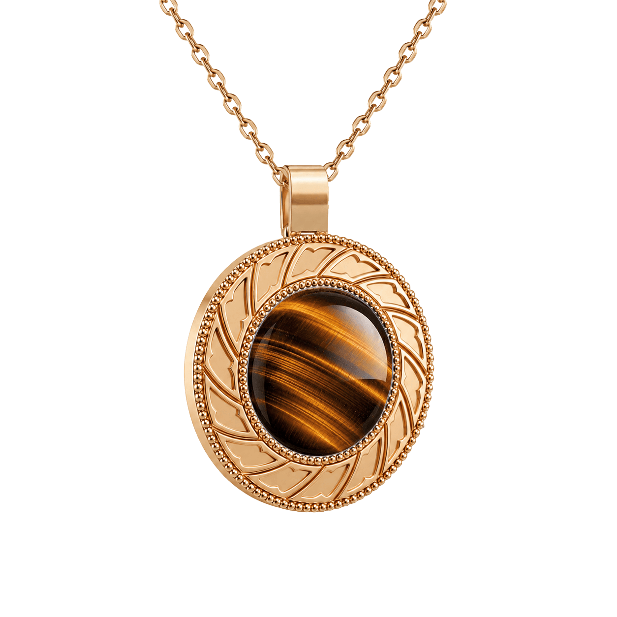 Zaven Tiger's Eye rose gold pendant featuring a polished honey-brown mineral center. Ciondolo d'oro. Colgante de oro