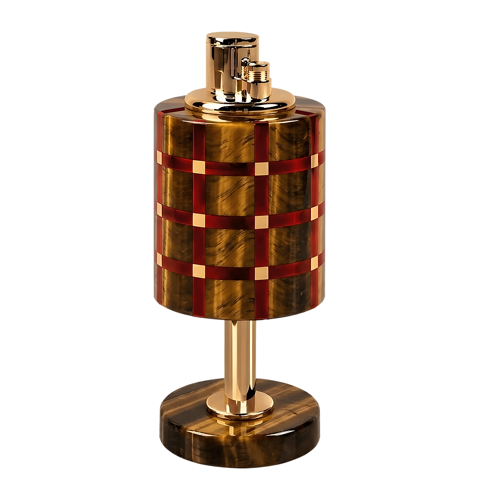 High-End Table Cigar Lighter crafted from natural Tiger Eye stone, luxury golden-brown finish. Tischfeuerzeug aus Tigerauge