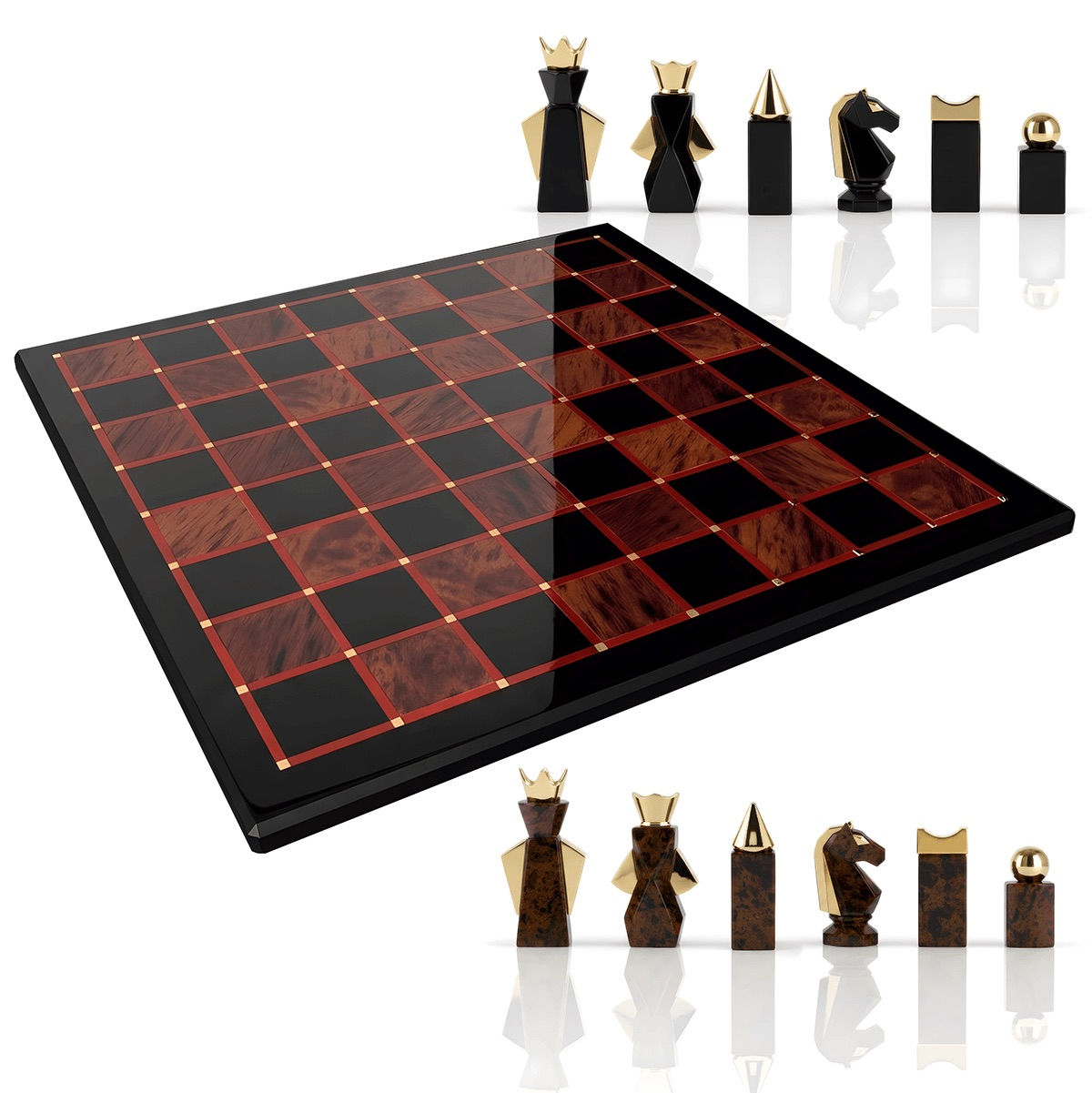 Obsidian chess set with black obsidian chess board and stone chess pieces