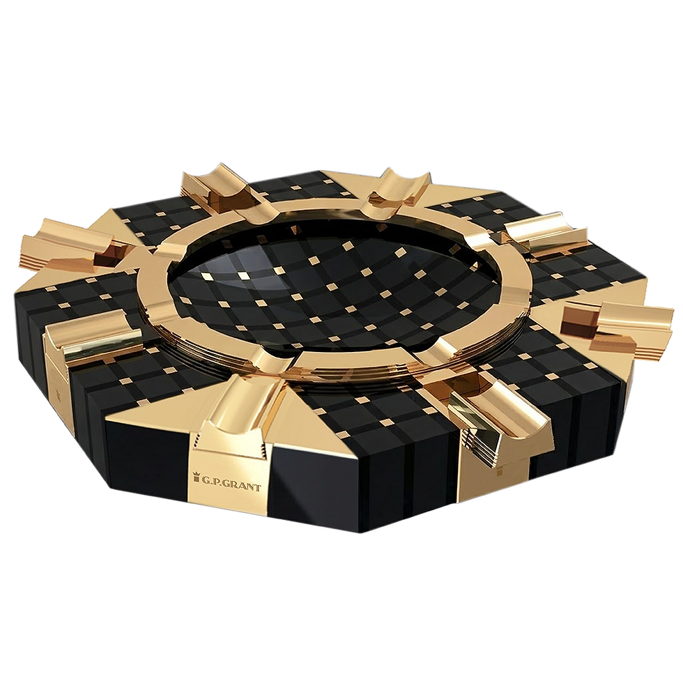 Luxury black obsidian cigar ashtray with gold inlaid geometric mosaic pattern and eight rests, isolated on a black background
