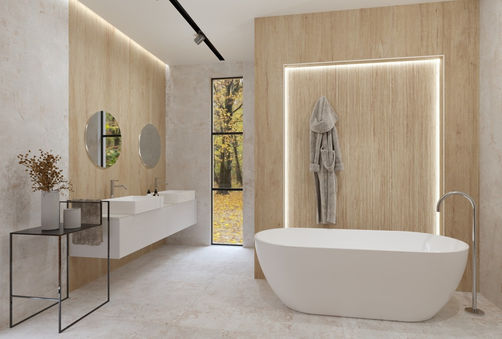 Крупноформатный керамогранит под дерево Skinlam Jungla Ciprés SG — это элегантное и лёгкое решение для современных интерьеров, вдохновлённое текстурой светлой древесины кипариса. Тонкие прожилки, мягкие оттенки и светлая палитра создают атмосферу свежести, простора и природной гармонии.
Эта облицовка придаёт помещениям естественное сияние и визуальную лёгкость, идеально сочетаясь с минималистичной архитектурой и натуральными материалами. Светлый тон дерева усиливает свет в помещении, а уникальный графический рисунок делает поверхность живой и тёплой.
Skinlam Jungla Ciprés SG — это крупноформатный керамогранит минимальной толщины, обеспечивающий визуальную цельность, удобство монтажа и высокую износостойкость. Идеальный выбор для интерьеров в стиле Japandi, эко-минимализма или средиземноморской сдержанной эстетики.