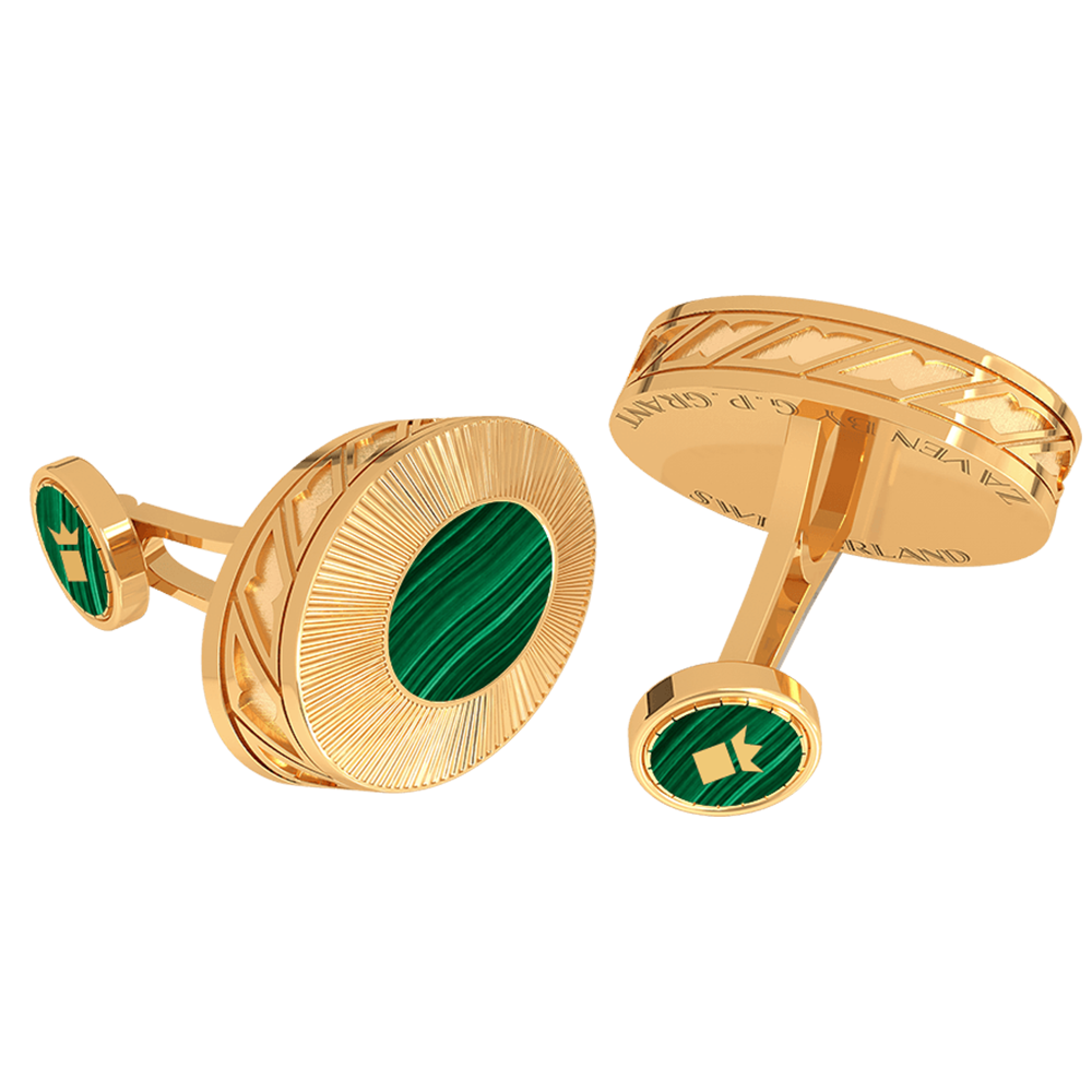 Vintage cufflinks in Sterling Silver and Yellow Gold with natural Malachite, heritage men's luxury design. أزرار أكمام
