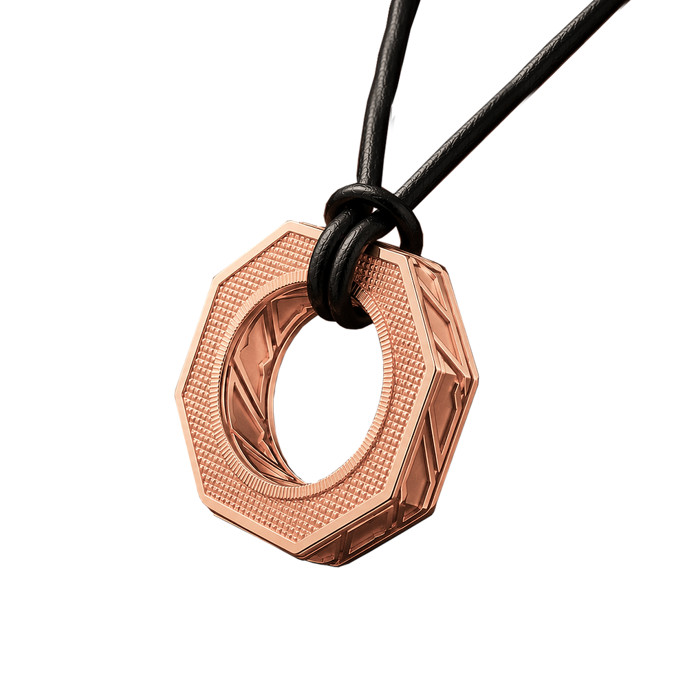 Miniatura: Octet octagonal pendant sculpted in warm rose gold, paired with a black leather cord