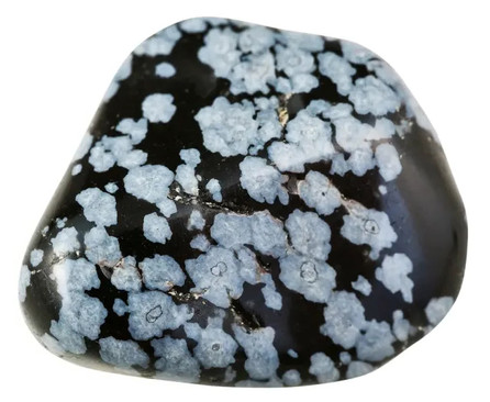 Snowflake Obsidian  Distinguished by pale white patches resembling snowflakes, caused by cristobalite crystal inclusions. It has a sophisticated and slightly whimsical texture, perfect for striking designs.
