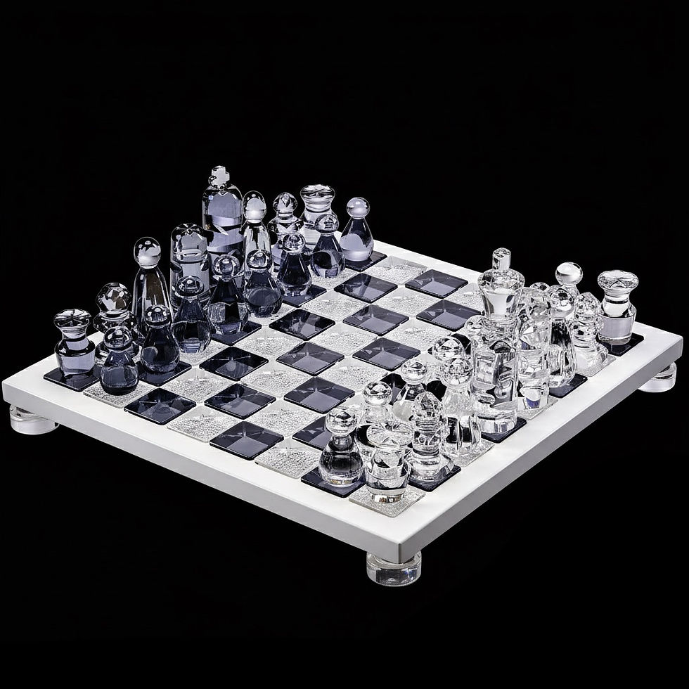 Luxury clear and smoke crystal chess set set up for play against a dark background.