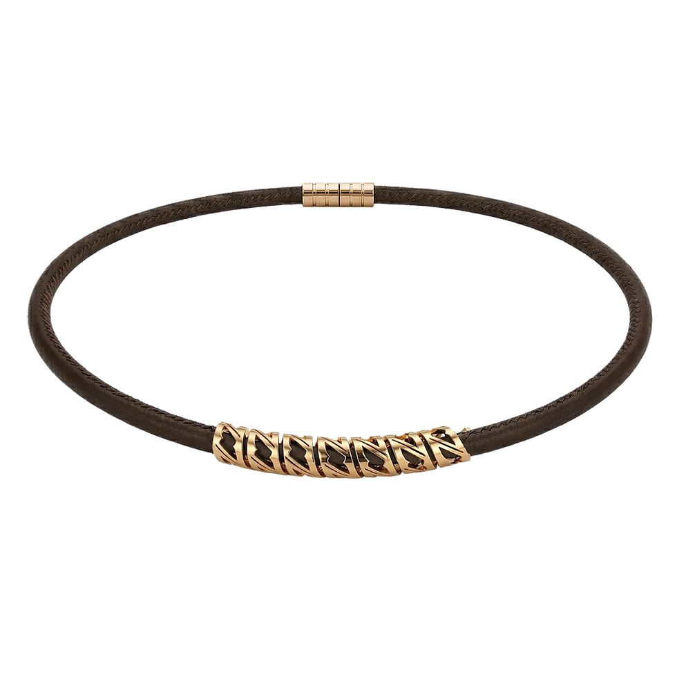 Miniaturbild: yellow gold Zaven Open barrel charm on a premium braided brown leather choker. تشوكر ذهبي مفتوح مع طوق جلدي فاخر
