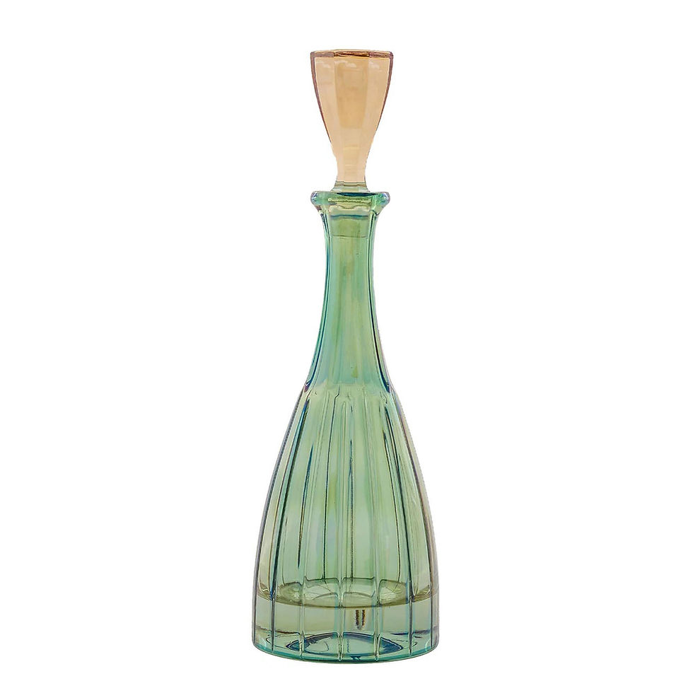 Dolce Vita 0.8L green handcrafted crystal bottle featuring vertical organ-pipe motif and yellow stopper.