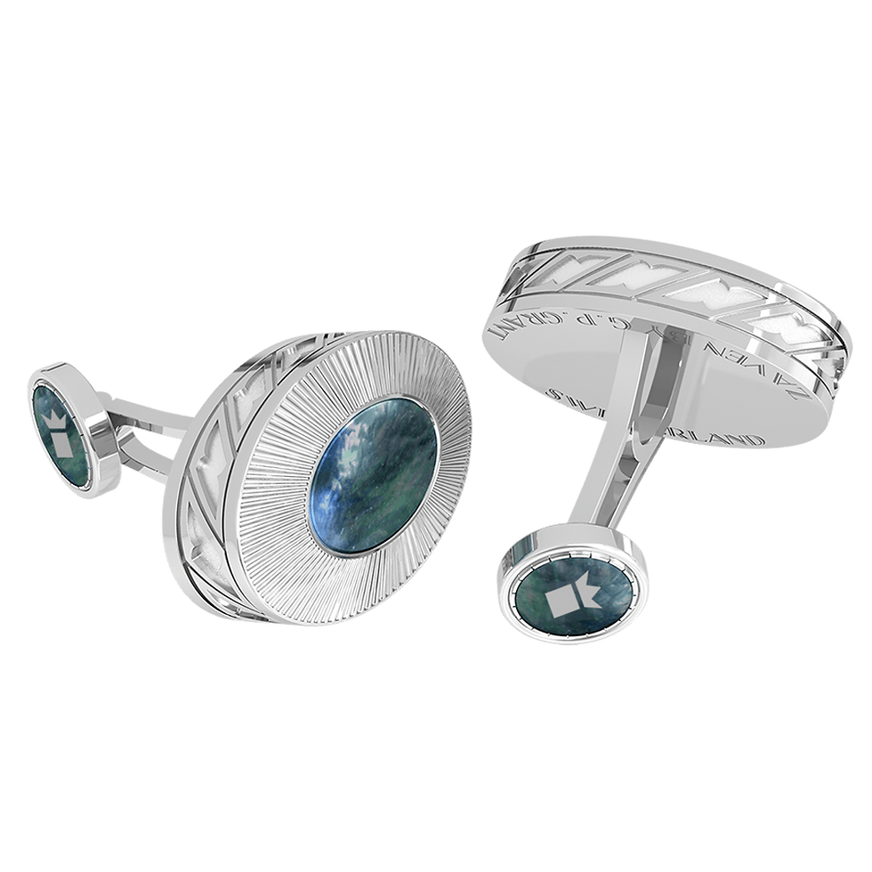Vintage cufflinks in Sterling Silver and White Gold featuring iridescent Black Mother of Pearl, أزرار أكمام