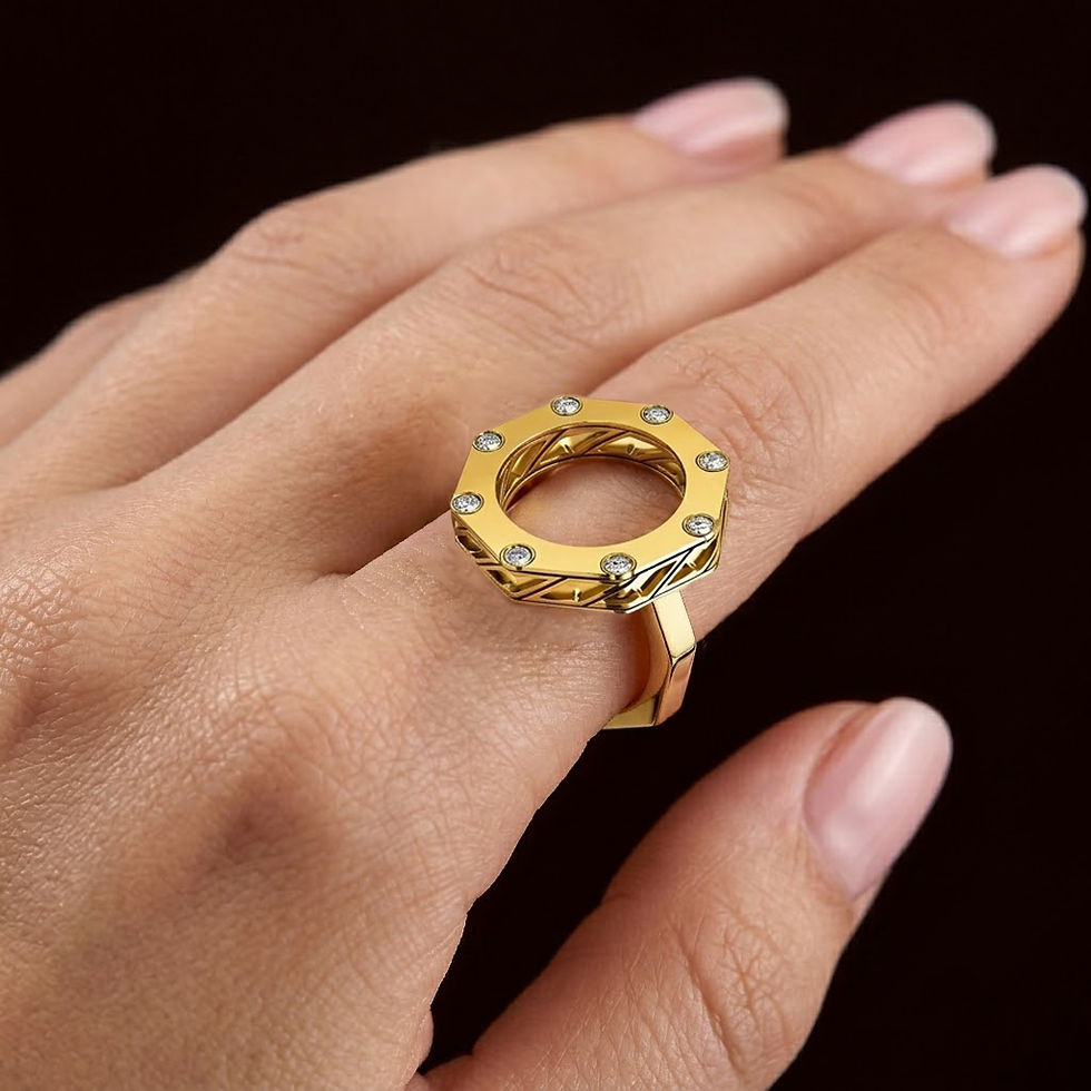 الصورة المصغرة: Zaven Octet yellow gold diamond signet ring on a woman's hand, modern luxury jewelry close-up