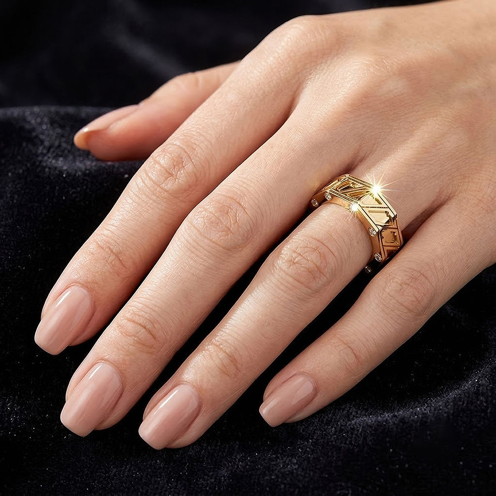 Thumbnail: Close-up of a luxury yellow gold Zaven Octet diamond wedding band on a woman's hand, dark backdrop. ague en diamant