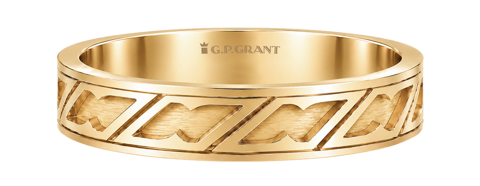 Gold wedding rings with architectural geometric design, luxury wedding band in yellow gold