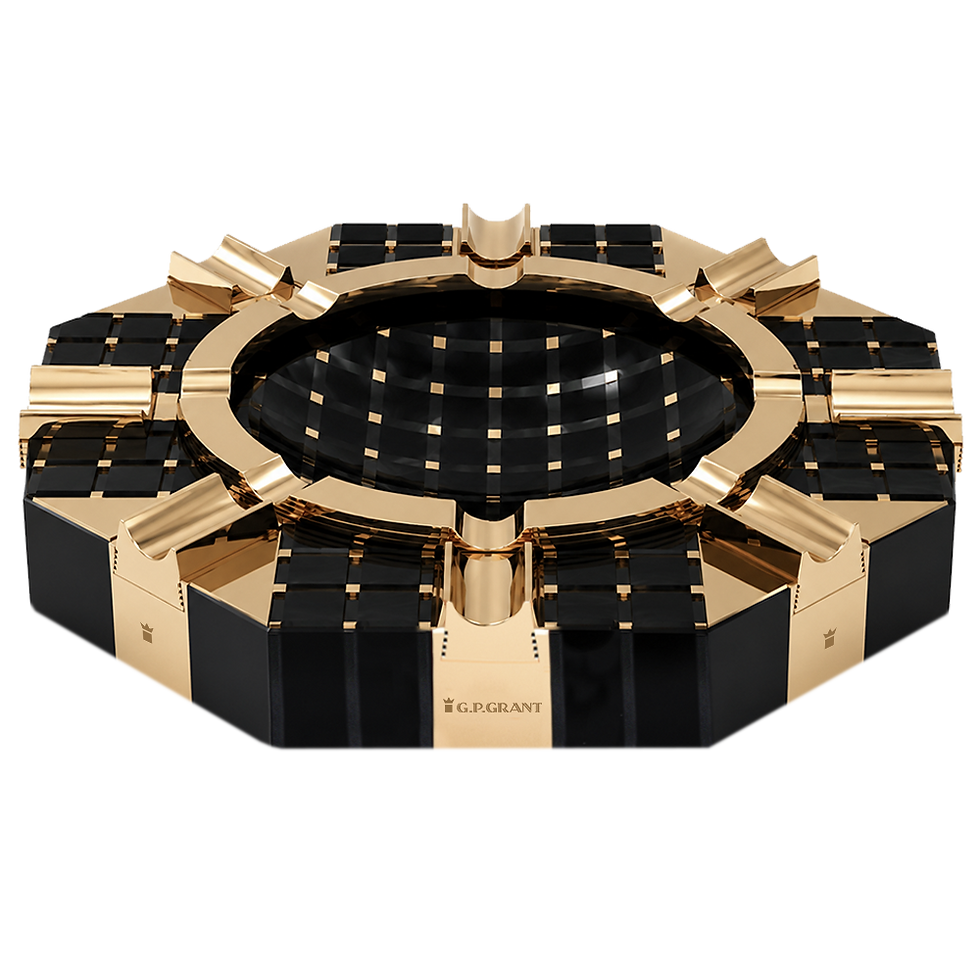 Exclusive octagonal black obsidian cigar ashtray featuring polished gold accents and detailed stone craftsmanship in side vie