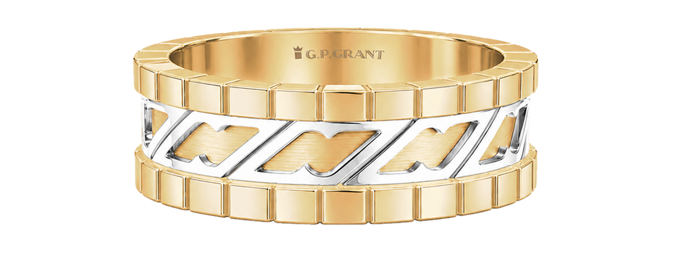 Gold wedding bands with geometric ornament, wedding rings for women and men