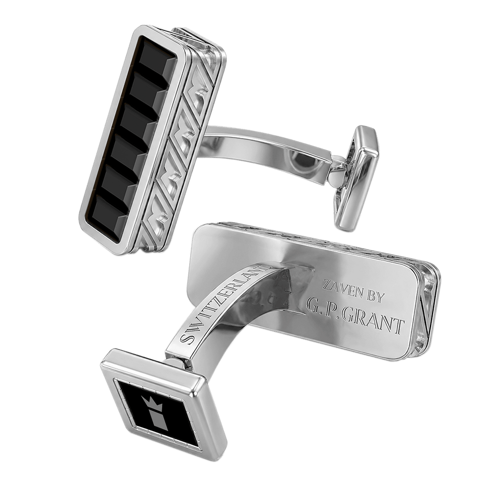 duard Strata cufflinks in Sterling Silver and White Gold with Black Onyx inlay, tiered architectural design. Gemelos, Gemelli