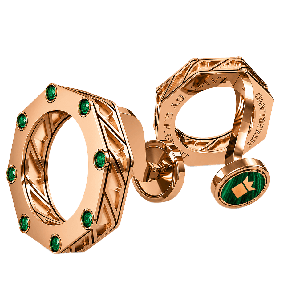 Zaven Octet cufflinks in Rose Gold set with organic Malachite and precious Emeralds, sophisticated men's jewelry.