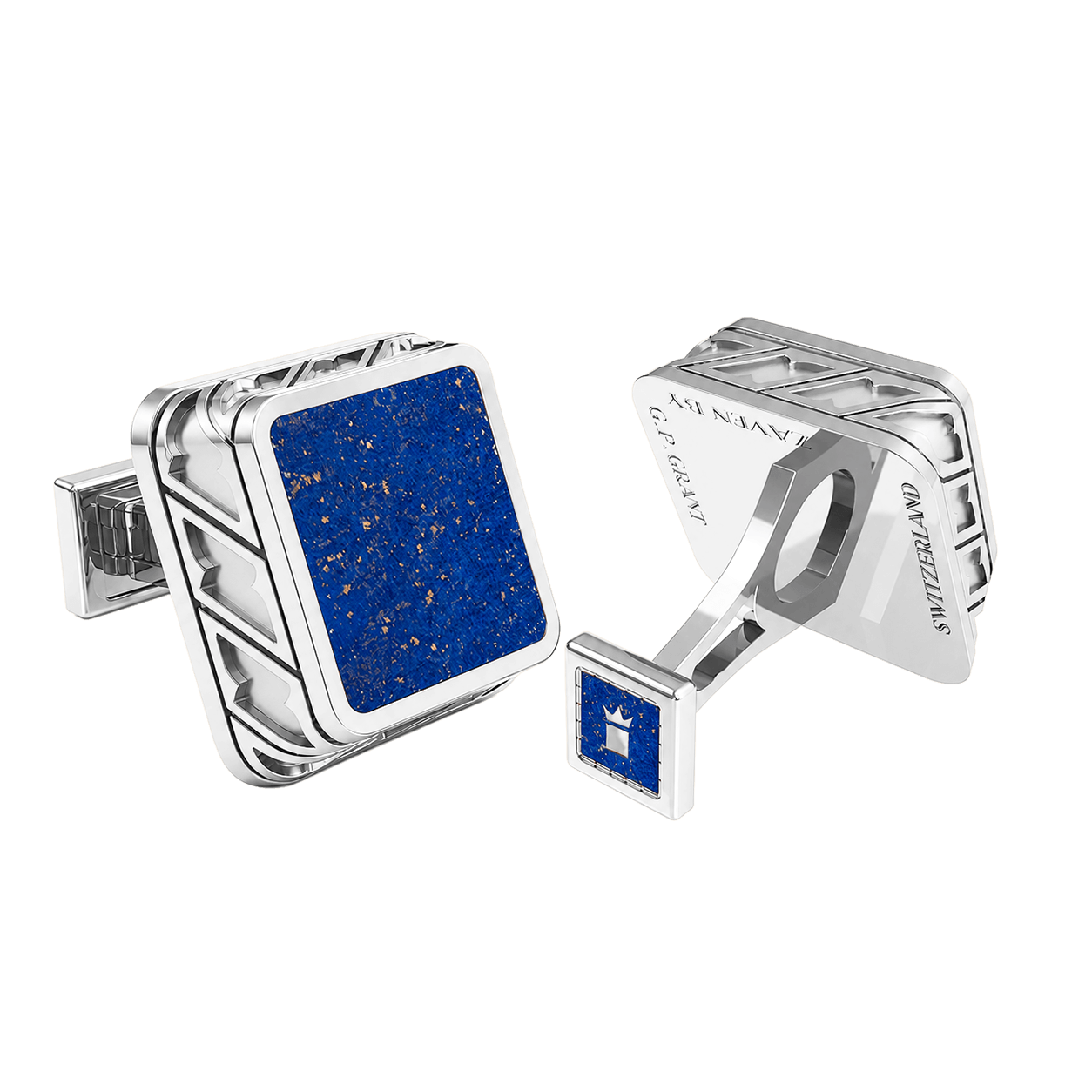 Zaven Grid cufflinks in Sterling Silver and White Gold with Lapis Lazuli, sophisticated architecture style. Manschettenknöpfe