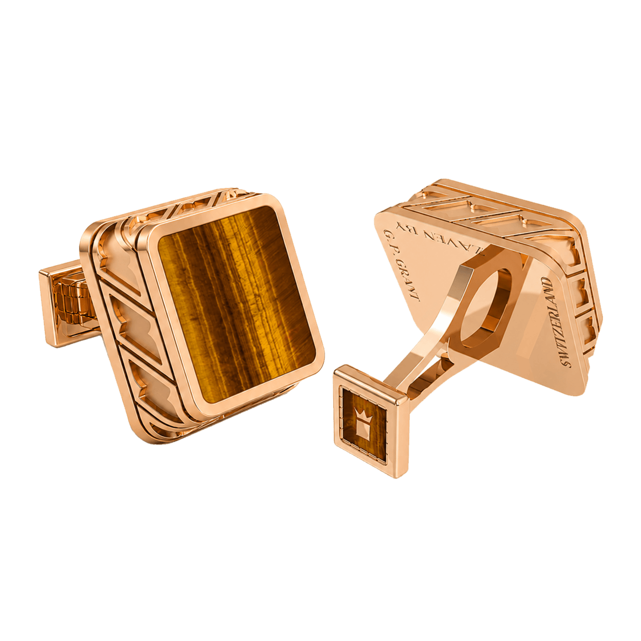 Grid cufflinks in Sterling Silver and Rose Gold featuring chatoyant Tiger Eye, sophisticated jewelry