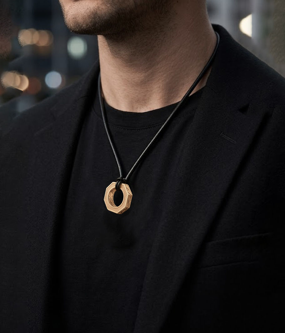 Miniatura: Sophisticated men's styling featuring the Octet yellow gold pendant over a black blazer. قلادة ذهبية