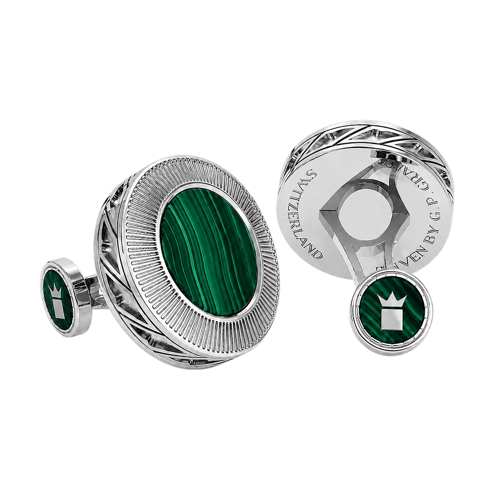 Regal cufflinks in Sterling Silver and White Gold with natural green Malachite, majestic formal luxury design for men.