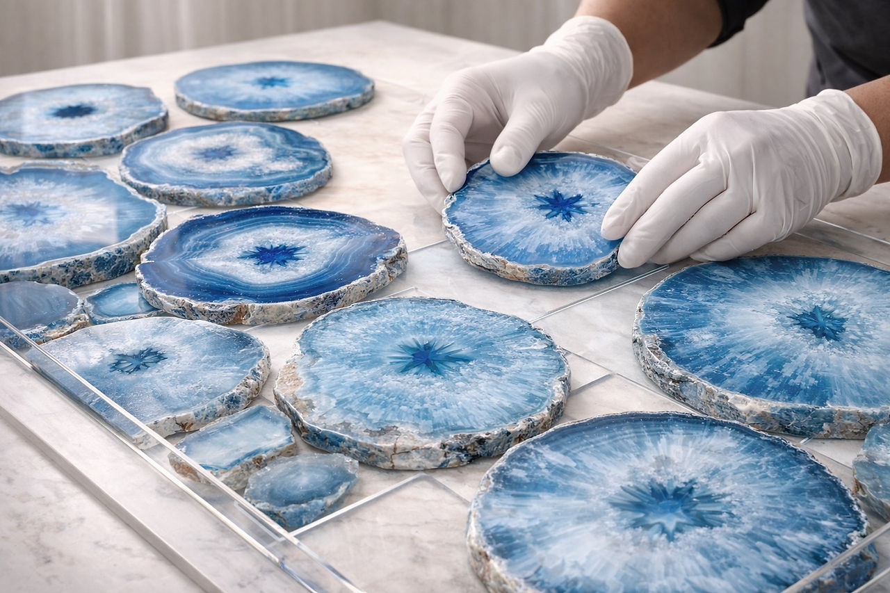 Large-format gemstone wall panels for architectural interiors