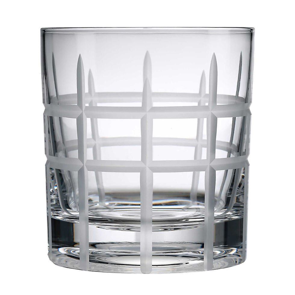 الصورة المصغرة: Spinning whiskey glass featuring a matte frosted plaid grid texture on a white background.