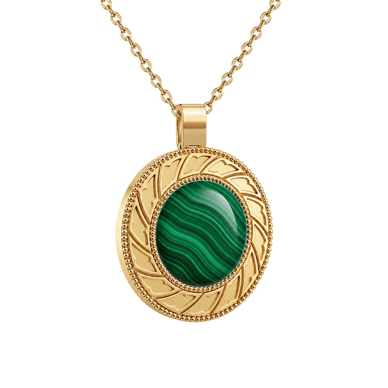 Zaven Malachite pendant in yellow gold featuring a banded green mineral sphere