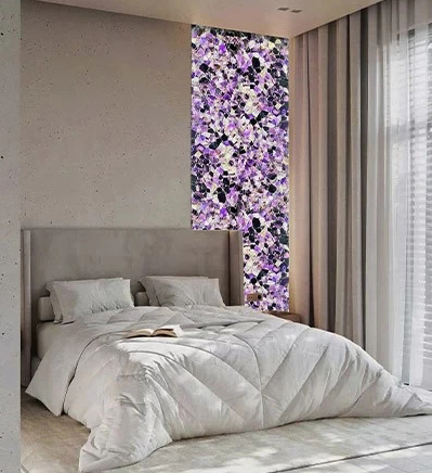 Backlit stone spa feature wall using Violet & Purple Fluorite GlassOnyx gemstone panels, translucent stone veneer and composite stone panels