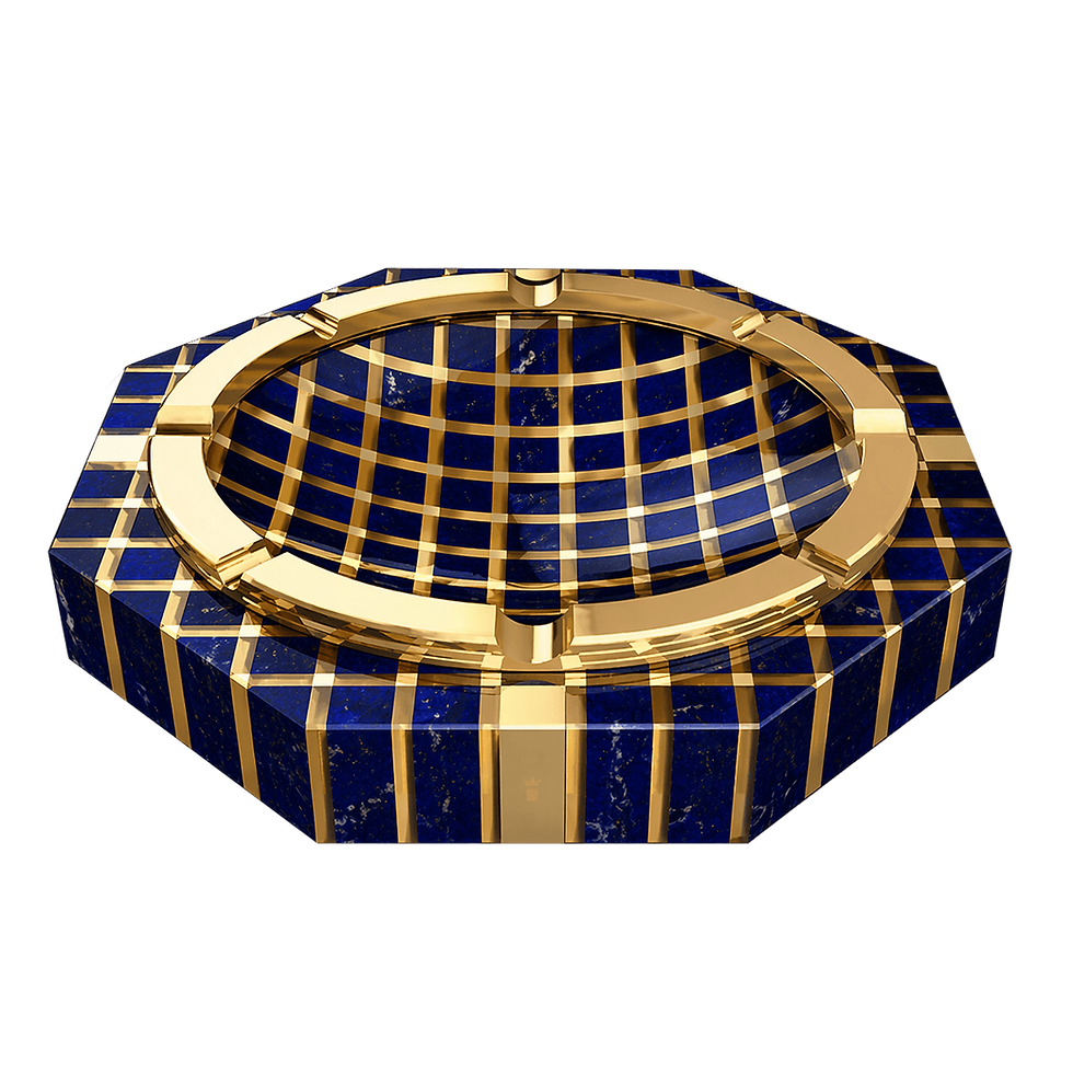 Top view of a unique Lapis Lazuli club ashtray with gold pyrite flecks