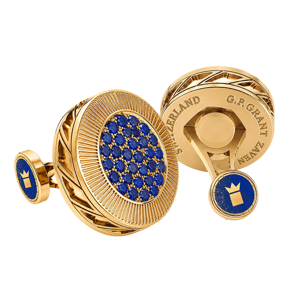 Regal cufflinks in 18K Yellow Gold, hand-carved Lapis Lazuli and crown set with brilliant-cut Blue Sapphires. أزرار أكمام
