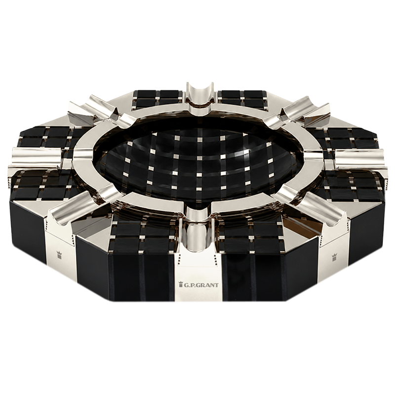 Exclusive 8-slot black volcanic glass cigar ashtray featuring detailed platinum-plated cigar rests and geometric mosaic desig