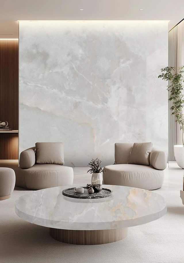 Final Thoughts: If you seek unparalleled elegance and luxurious aesthetics, both materials are excellent choices. Both can be backlit. Onyx stands out with its large, continuous patterns, while quartz offers a unique appeal as a panel composed of smaller pieces.