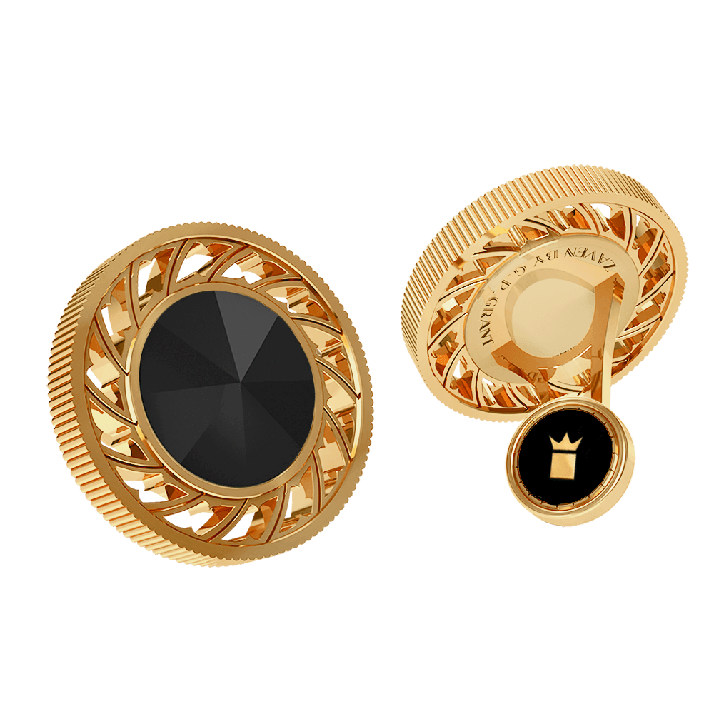 Pyramid cufflinks in Sterling Silver and Yellow Gold with polished Black Onyx, geometric luxury men's accessory. أزرار أكمام