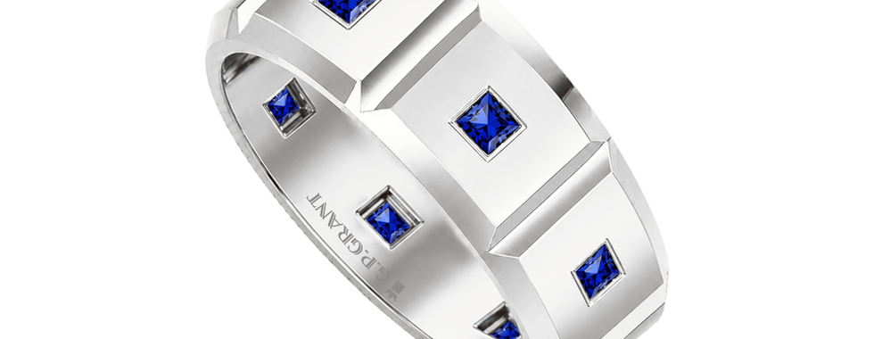 White gold wedding ring with sapphires and diamonds, luxury wedding bands for men