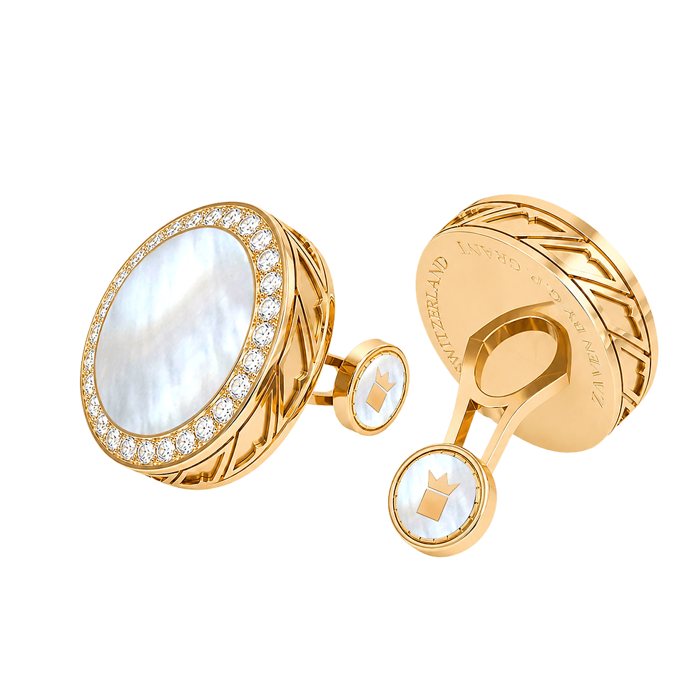Regal cufflinks in 18K Yellow Gold featuring Mother of Pearl base and a crown set with brilliant-cut white diamonds