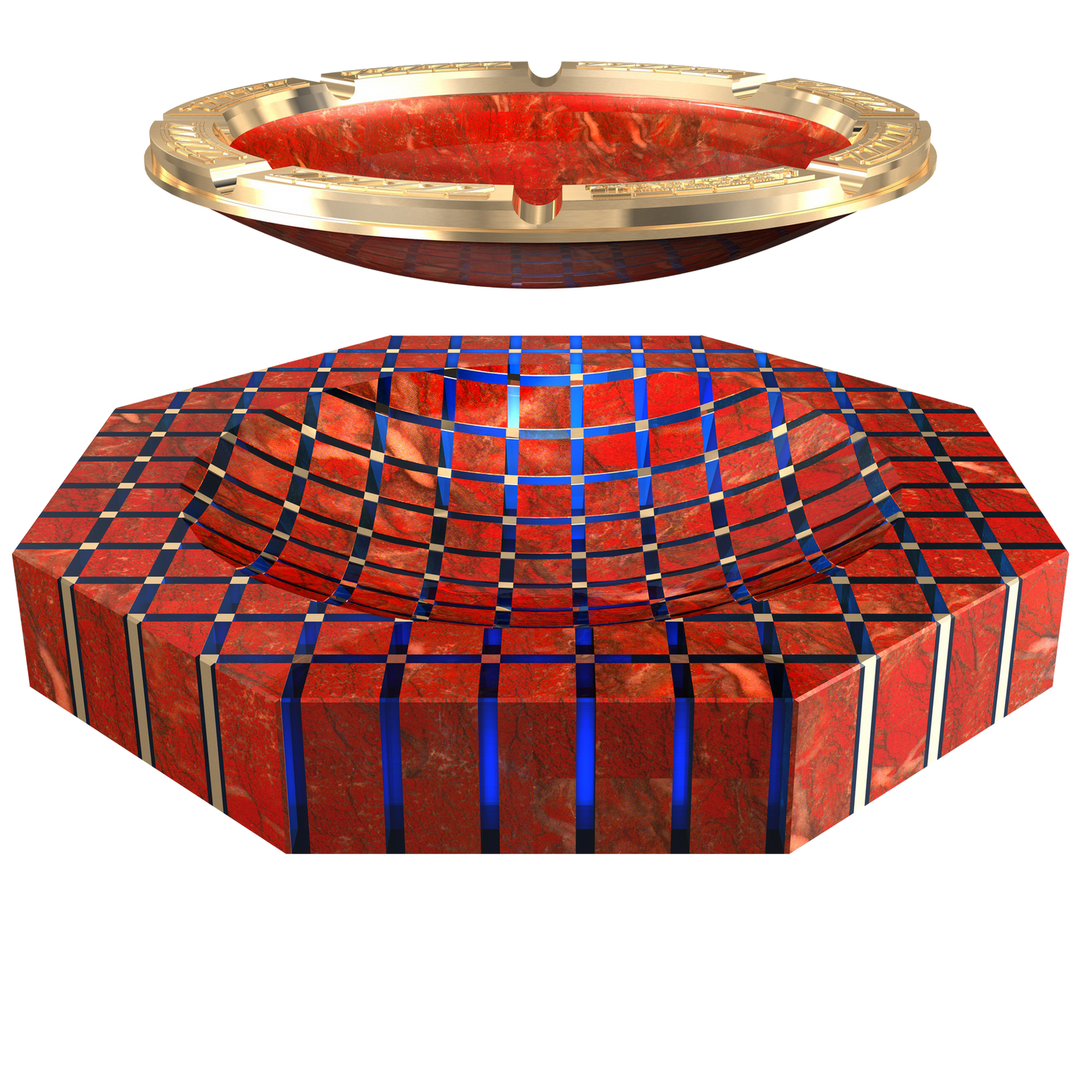 Posacenere e Accendini in Diaspro Rossa I nostri posacenere in Diaspro Rossa combinano questa nobile pietra con cristallo e ottone, creando posacenere di lusso per sigari e sigarette. Questi pezzi sono progettati con una meticolosa maestria artigianale, con portafiaccole removibili fissati da potenti magneti e ciotole per posacenere staccabili per una facile pulizia.