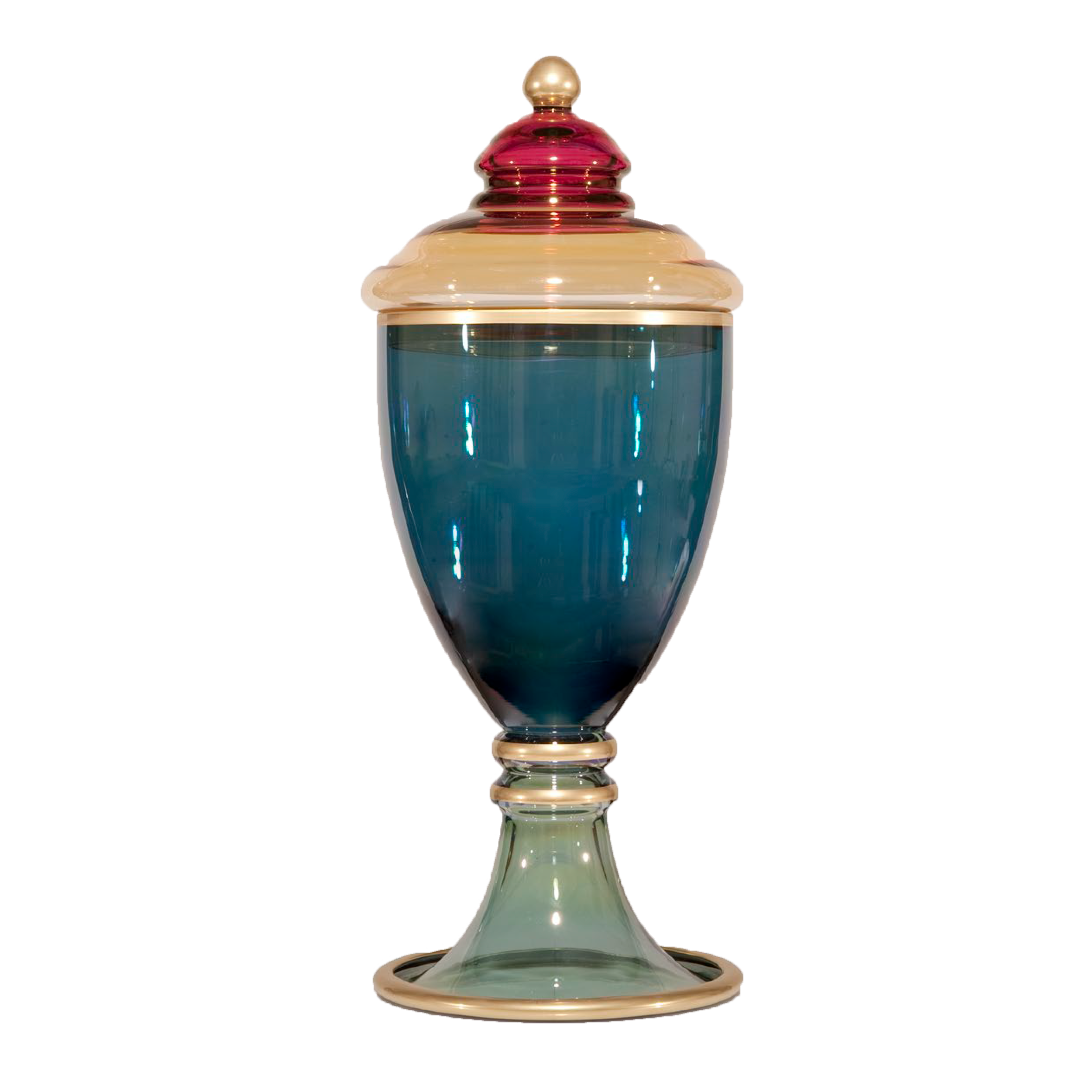 Harlequin Crystal Big Jar: Exquisite glass jar with an amber lid, multi-colored base, and gold accents, perfect for elegant s